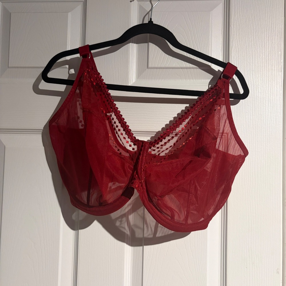 Elomi Underwire Plunge Bra Crimson Red Mesh Embroidered EL8900CRN Size 36G